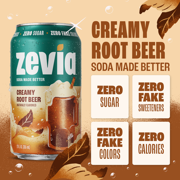 Zevia Soda, Zero Sugar, Creamy Root Beer
