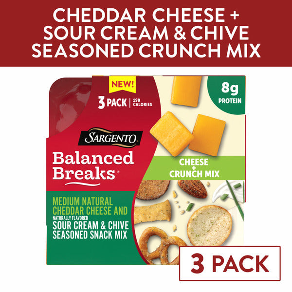Sargento Balanced Breaks® Cheese + Crunch Mix Medium Natural Cheddar Cheese and Naturally Flavored Sour Cream & Chive Seasoned Snack Mix of Pretzels, Rye Chips, Roasted Almonds, Toasted Bread Chips, Bread Sticks Snack, 3-Pack