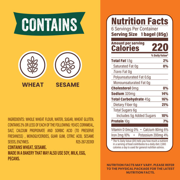 Thomas’ 6 ct, 100% Whole Wheat, Bagels, 55g Whole Grains, Kosher, Bagels, 18 oz