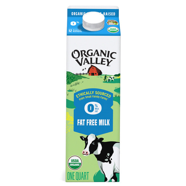 Organic Valley fat-free milk carton on a white background