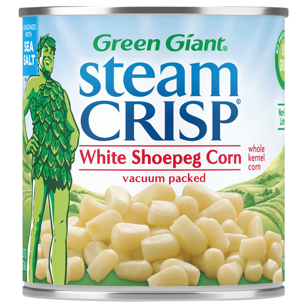 Can of Green Giant Steam Crisp White Shoepog Corn on a white background