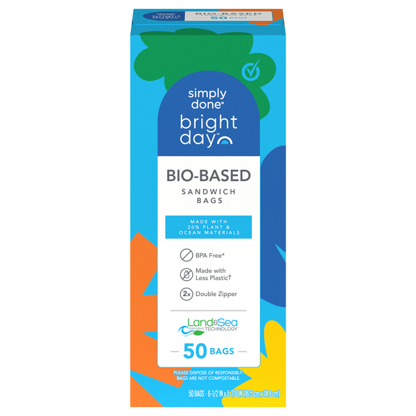 Box of 'Simply Done Bright Day' bio-based sandwich bags on a white background