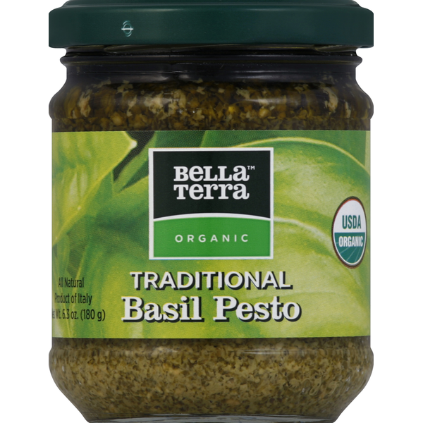 Jar of Bella Terra Organic Traditional Basil Pesto on a white background