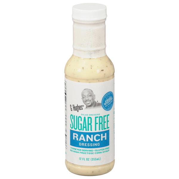 Bottle of G. Hughes Sugar Free Ranch Dressing on a white background