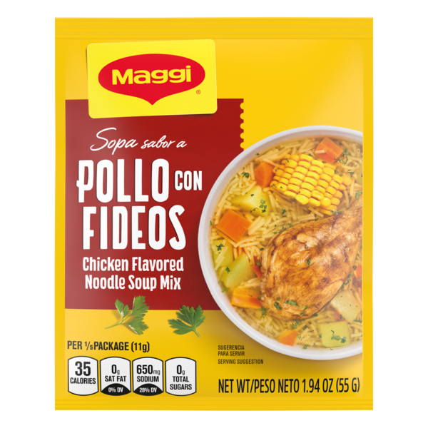 Maggi Pollo con Fideos chicken flavored noodle soup mix package on a white background