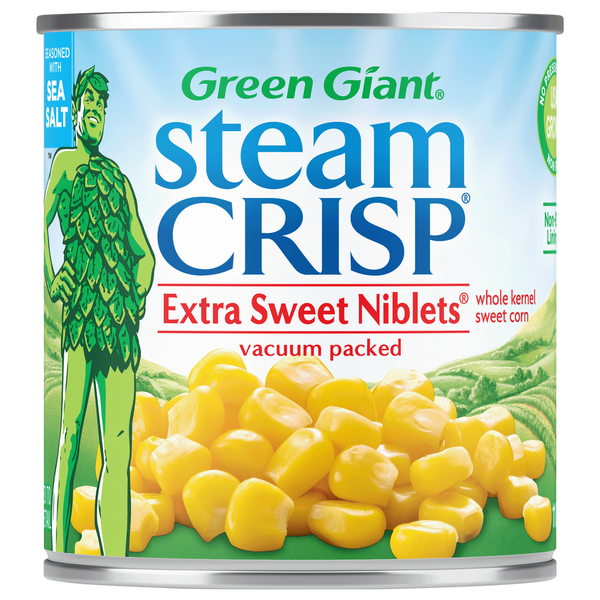 Can of Green Giant Steam Crisp Extra Sweet Niblets corn on a white background
