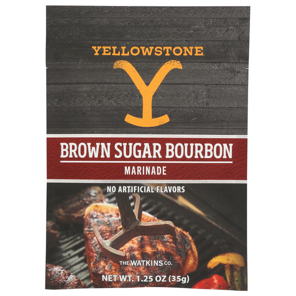 Yellowstone Brown Sugar Bourbon marinade packaging with grill imagery