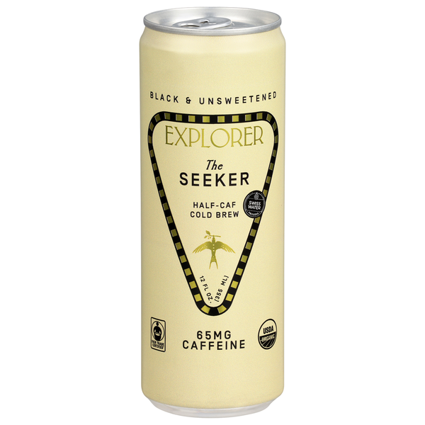 Can of 'Explorer The Seeker' half-caf cold brew on a white background