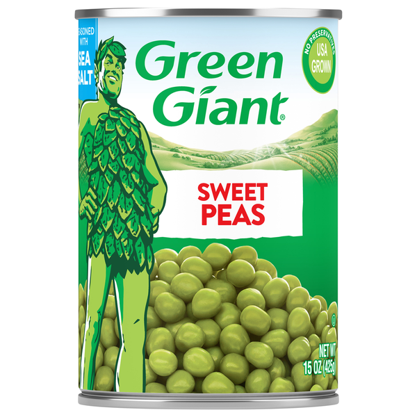Can of Green Giant sweet peas with character illustration on a white background
