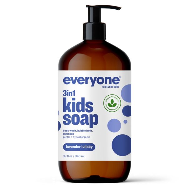 Brown bottle of 'everyone' 3-in-1 kids soap on a white background