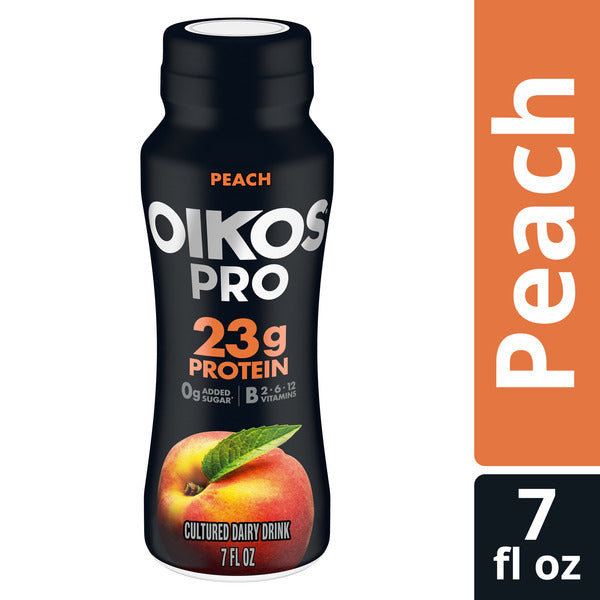 Oikos Pro 23g Protein, Peach Cultured Dairy Drink, 0g Added Sugar, Convenient High Protein Snacks for School, Office, Gym, 7 fl oz Bottle