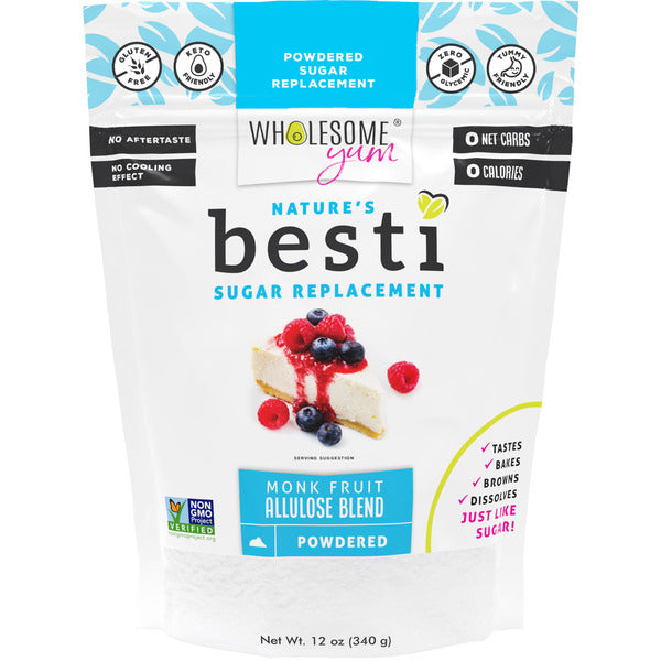 Package of Nature's Besti sugar replacement with a cheesecake and berries illustration on a white background