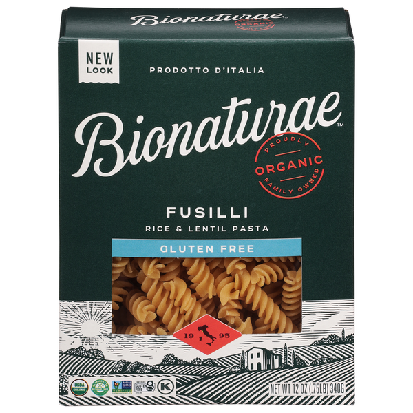 Bionaturae Fusilli rice and lentil pasta packaging on a white background