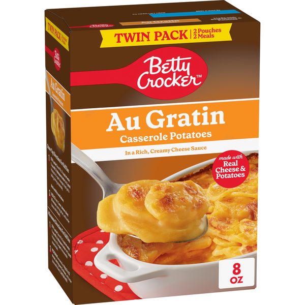 Betty Crocker Au Gratin Casserole Packets packaging with a picture of the dish on a white plate.