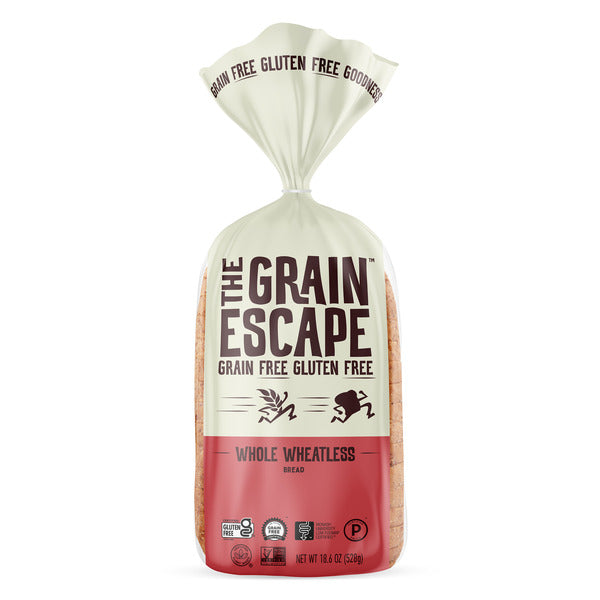 Bag of 'The Grain Escape' whole wheatless bread on a white background