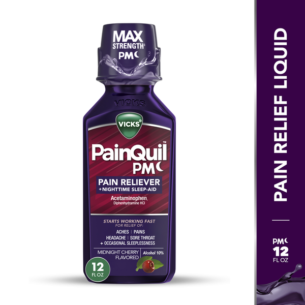 Vicks PainQuil PM pain reliever bottle on a white background