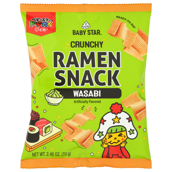 Packaging of Baby Star Crunchy Ramen Snack Wasabi on a white background