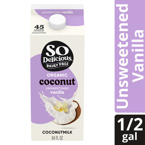 Carton of So Delicious Dairy Free coconut milk with unsweetened vanilla flavor on a white background.