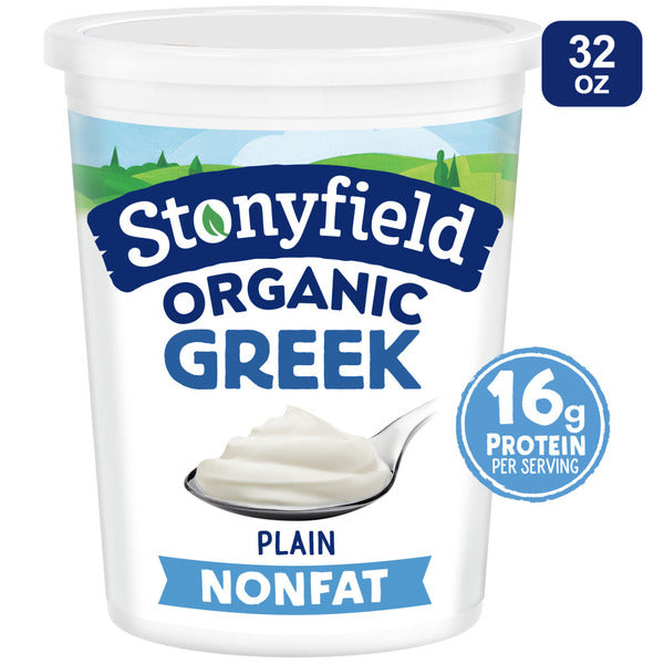 Stonyfield Organic Greek yogurt container with 32 oz label on a white background