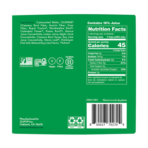 OLIPOP Prebiotic Soda, Lemon Lime, Shelf Stable