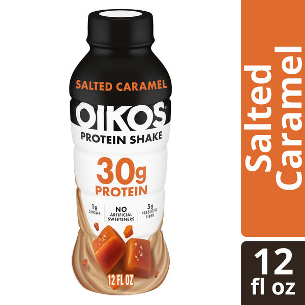 Oikos Protein Shake, Salted Caramel, 30g High Protein Drinks, Shelf Stable, Ready to Drink, 5g Prebiotic Fiber, 12 fl oz Bottle