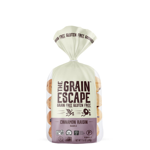 Bag of The Grain Escape cinnamon raisin bagels on a white background