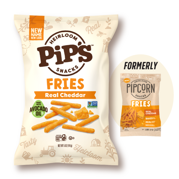 Heirloom Pips Snacks Fries Real Cheddar packaging with a former product packaging on a white background