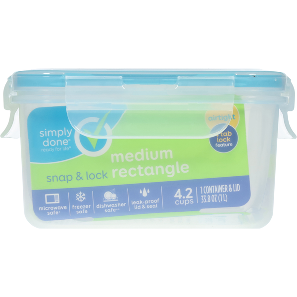 Simply Done Container & Lid, Snap & Lock, Medium, Rectangle, 33.8 Ounce
