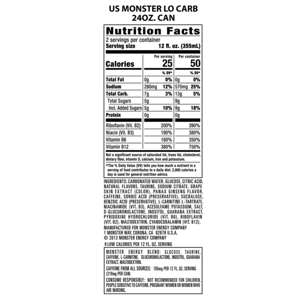 Monster Energy Monster LoCarb , Energy Drink, 24 Fl Oz