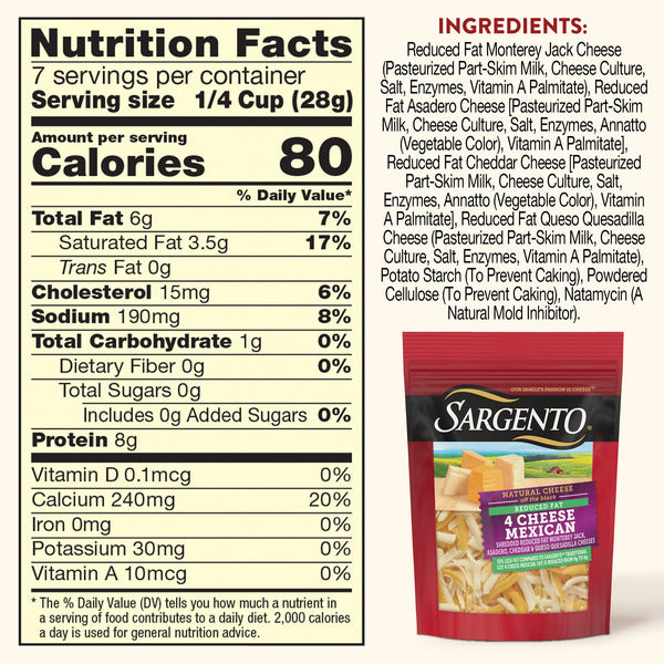 Sargento Reduced Fat Natural 4 Cheese Mexican Shredded Cheese, Traditional Cut