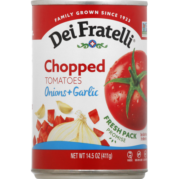 Dei Fratelli Tomatoes, Onions + Garlic, Chopped