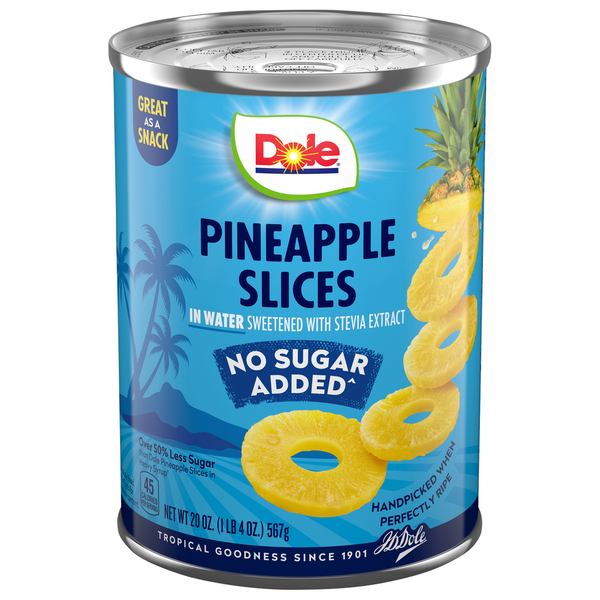 Can of Dole pineapple slices with blue label on a white background