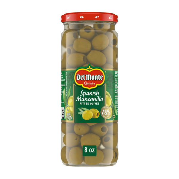 Jar of Del Monte Spanish Manzanilla pitted olives on a white background