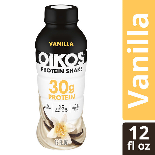 Oikos Protein Shake, Vanilla, 30g High Protein Drinks, Shelf Stable, Ready to Drink, 5g Prebiotic Fiber, 12 fl oz Bottle
