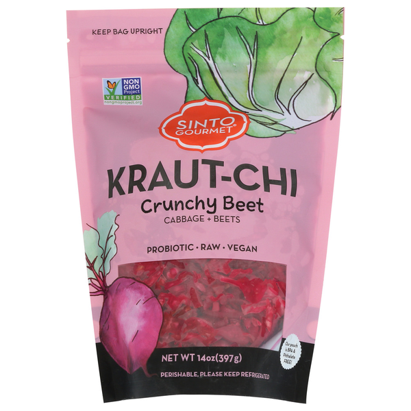 Package of Sinto Gourmet Kraut-Chi Crunchy Beet with cabbage and beet illustrations on a pink background.