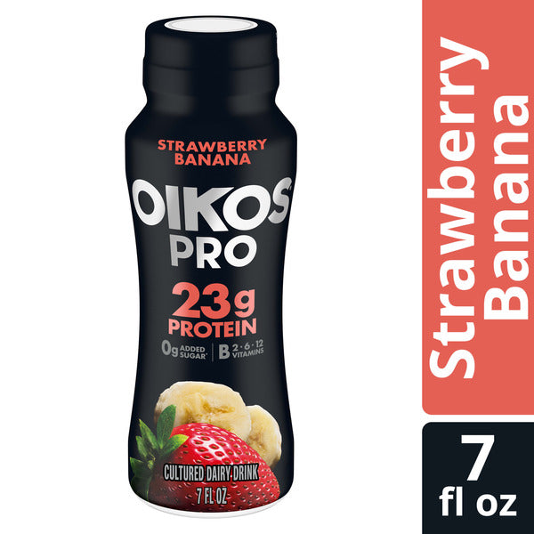 Oikos Pro 23g Protein, Strawberry Banana Cultured Dairy Drink, 0g Added Sugar, Convenient High Protein Snacks for School, Office, Gym, 7 fl oz Bottle
