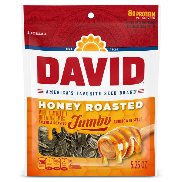 DAVID honey roasted jumbo sunflower seed bag packaging