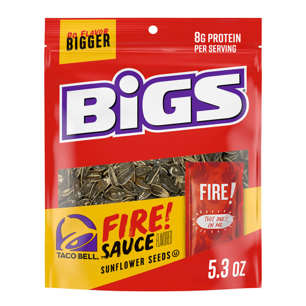 Packaging of Taco Bell Bigs sunflower seeds with fire sauce flavor on a white background