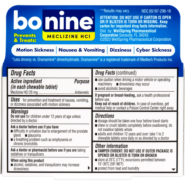 Bonine Chewable Tablets Raspberry Flavored 25 mg Meclizine HCl