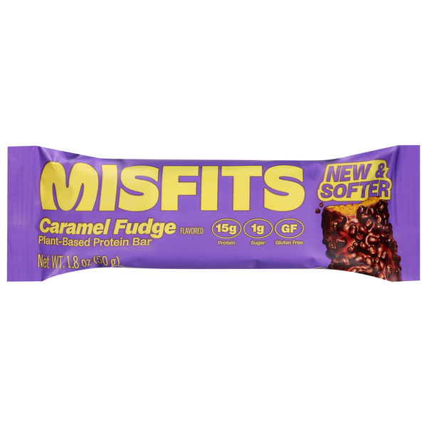 Misfits Caramel Fudge protein bar packaging on a white background
