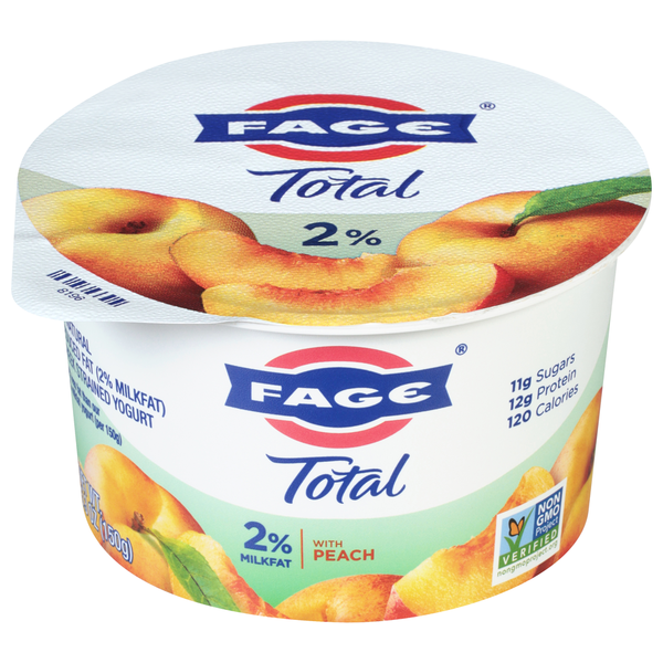 Fage Total 2% yogurt container with peach flavor on a white background