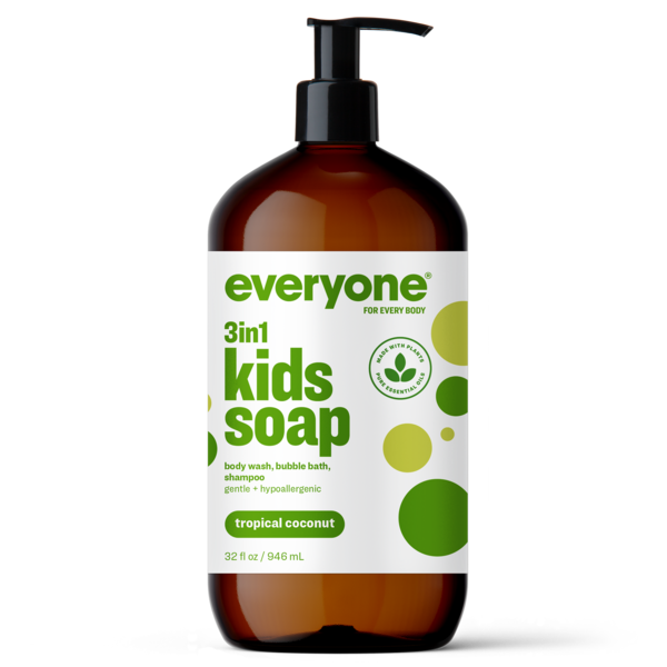 Brown bottle of 'everyone' 3-in-1 kids soap with a pump on a white background