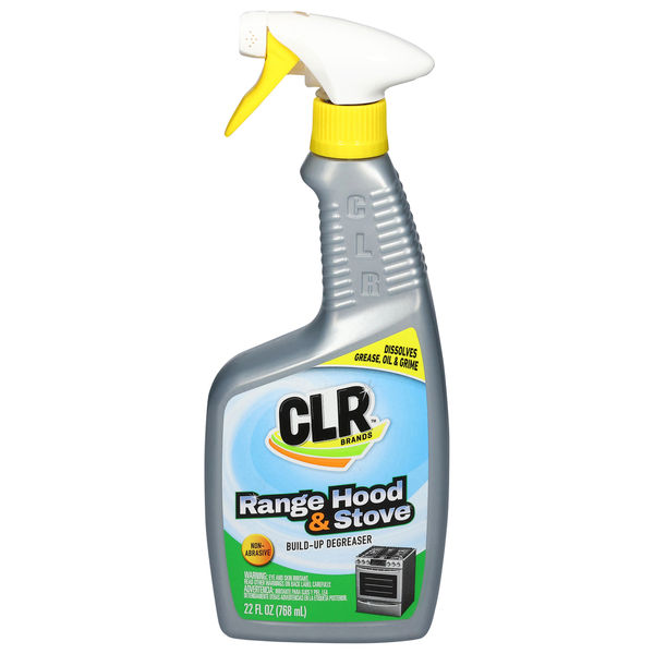 CLR Range Hood & Stove cleaner spray bottle on a white background