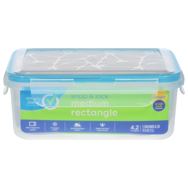 Simply Done Container & Lid, Snap & Lock, Medium, Rectangle, 33.8 Ounce