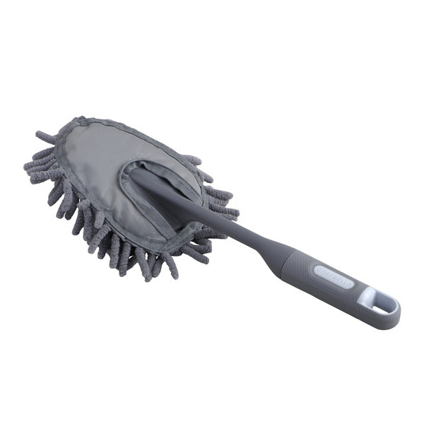 Gray car cleaning brush with a handle on a white background