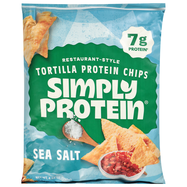 Package of Simply Protein tortilla protein chips with sea salt flavor on a white background