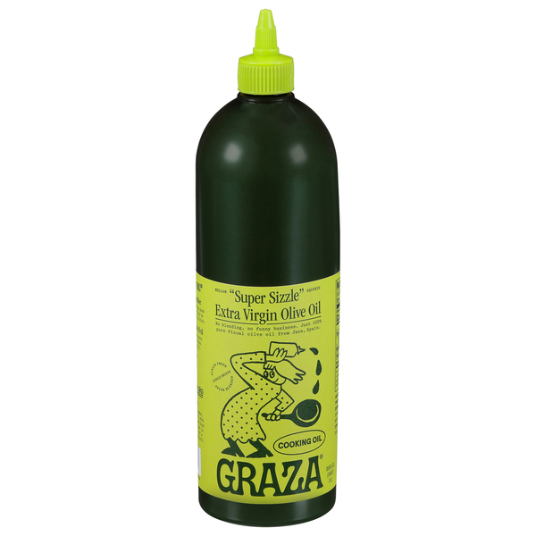 Bottle of Graza Extra Virgin Olive Oil with green label and yellow cap on white background