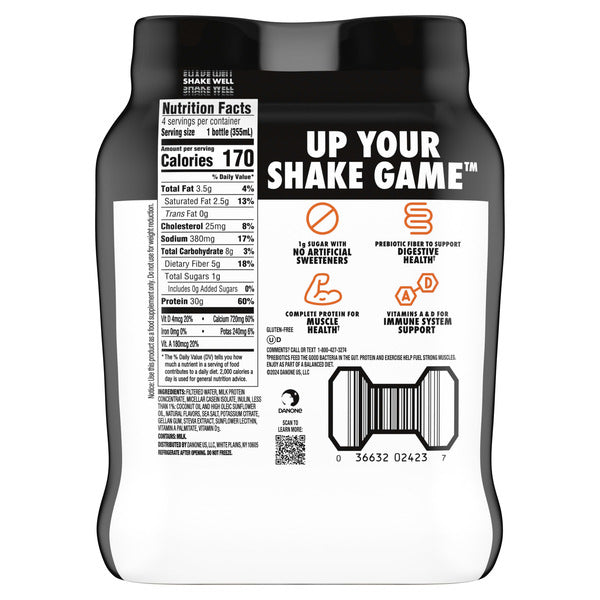Oikos Protein Shake, Salted Caramel, 30g High Protein Drinks, Shelf Stable, Ready to Drink, 5g Prebiotic Fiber, 12 fl oz Bottle, 4 Count