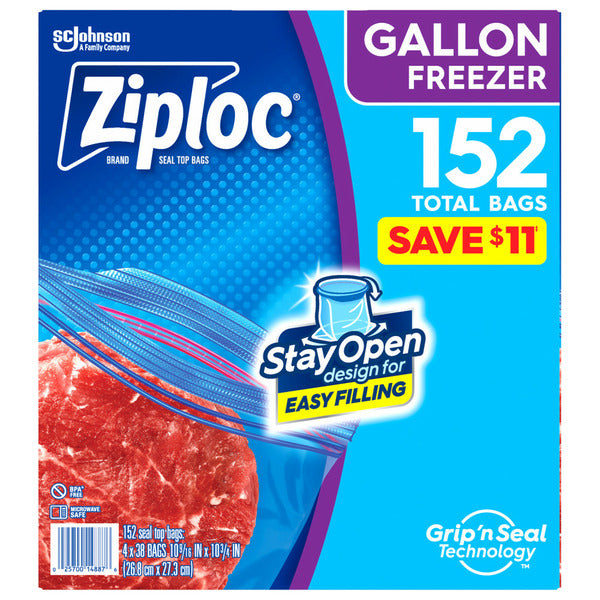 Ziploc gallon freezer bag packaging with promotional text on a blue background