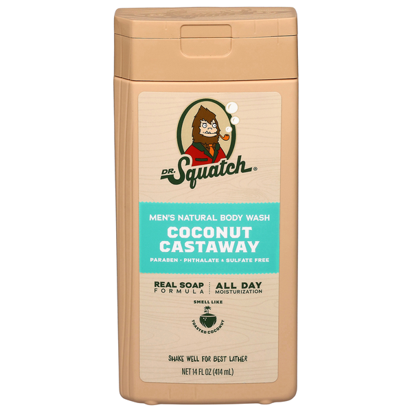 Dr. Squatch Coconut Castaway men's natural body wash on a white background